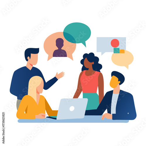 Vector illustration of diverse group of professionals collaborating around a laptop, discussing ideas with speech bubbles