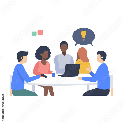Vector illustration of diverse group of people in a meeting around a table with a laptop and lightbulb icon, flat design illustration