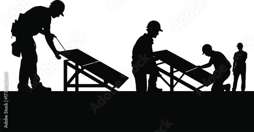 Silhouettes of workers installing solar panels on structure, renewable energy, solar power construction, green technology, clean electricity, sustainable energy installation illustration
