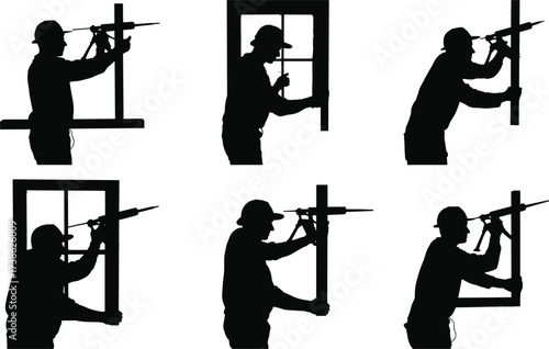 Silhouettes of construction workers sealing windows with caulking guns, insulation, waterproofing, precision construction, finishing work, repair, maintenance, construction sealing illustration