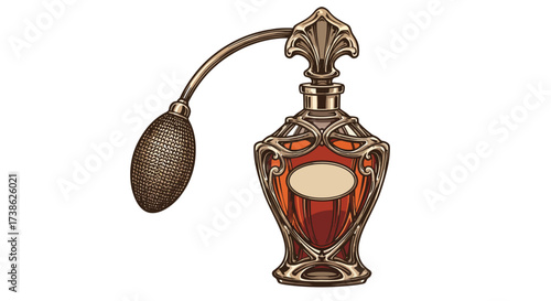 Elegant vintage perfume bottle with intricate design and atomizer