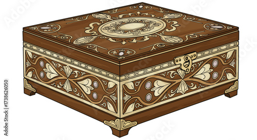 Ornate wooden jewelry box with intricate inlay design