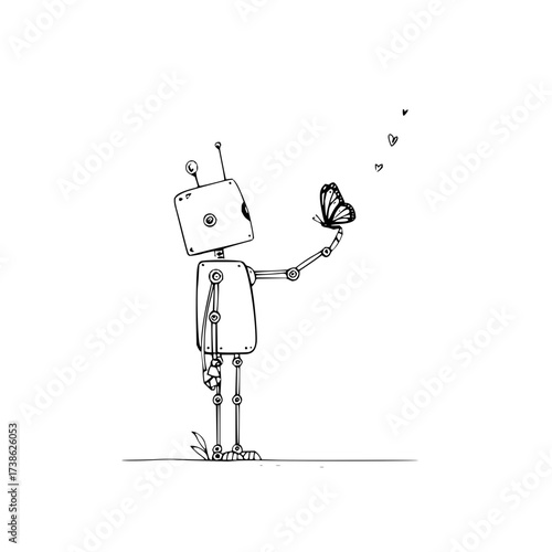 Robot and butterfly drawing cute illustration black and white simple line art vector design for kids and adults