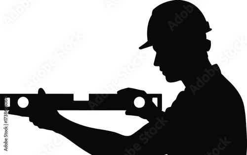 Silhouette of construction worker checking spirit level tool, precision measurement, building accuracy, labor task, construction site work, balance alignment, worker measurement illustration