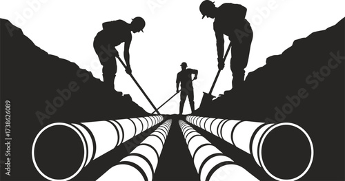 Silhouette of workers digging trench with large pipes, construction labor, pipeline installation, teamwork, infrastructure development, heavy work, underground utility construction illustration