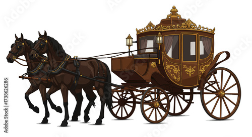 Ornate vintage carriage drawn by horses in elegant royal style