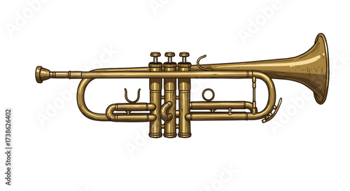 Detailed cartoon brass trumpet on clean white background for music projects