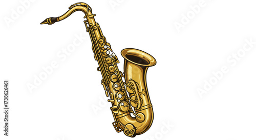 Detailed golden saxophone on white background: musical instrument art