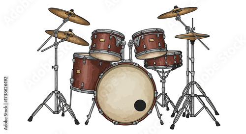 Detailed drum kit with cymbals on stands in classic style