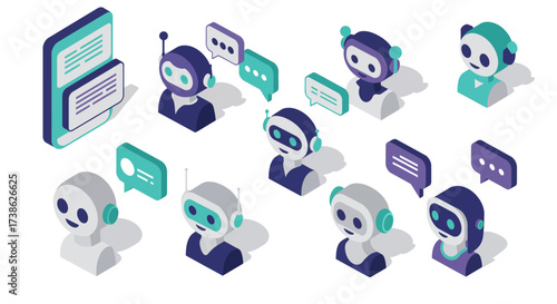Isometric robot avatars communicating in chat bubbles for digital conversations