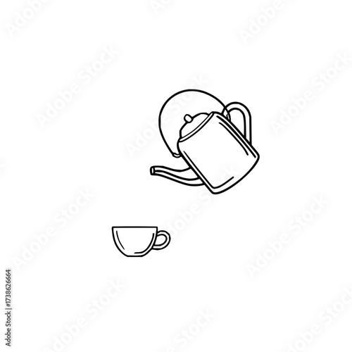 Tea time vector illustration teapot pouring tea into cup black and white line art drawing for cafe design