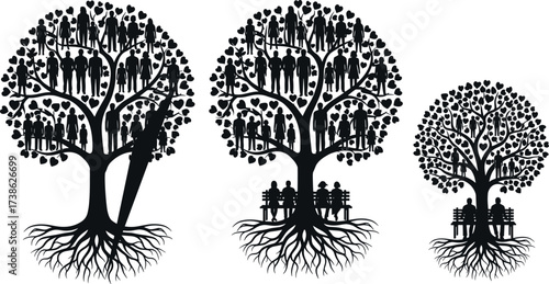Stylized Family Tree Illustration with Heart-Shaped Leaves, Generational Silhouettes, Visible Roots, and Symbolic Ancestry Connections in Black Silhouette Art