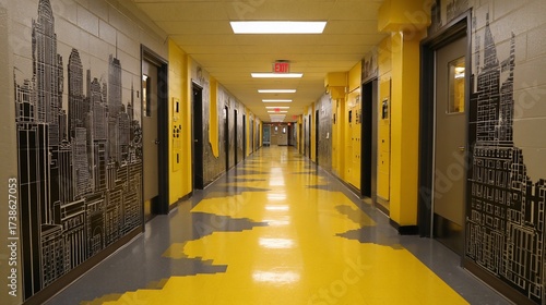 Hallway perspective of buildings mural and yellow floor, empty, possibly for educational or commercial use