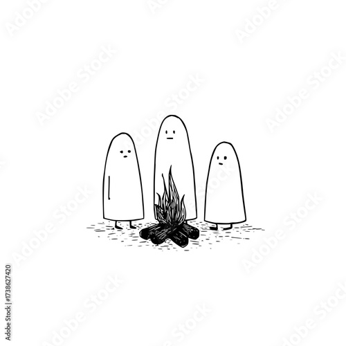 Ghosts campfire spooky halloween bonfire spirits paranormal illustration drawing cute cartoon spooky night campfire