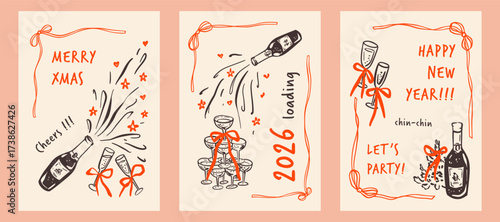 Set of Merry Christmas and Happy New Year quirky trendy greeting cards, vertical rectangle posters, pink and red whimsical bow ribbon frames. Charcoal, crayon champagne bottle, tower, glass drawing
