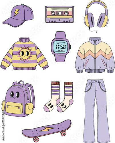 90s Kitsch Fashion Vector Bundle - Retro Outfit, Skateboard, and Music Clipart, Illustration