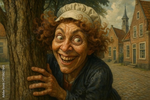 Woman behind tree in a village