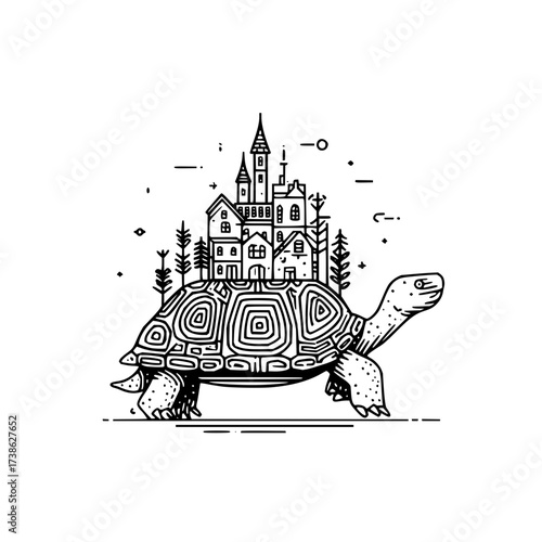 Turtle carrying castle drawing vector illustration fantasy art animal design home architecture travel slow pace