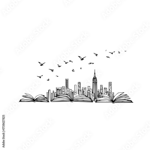 Cityscape reading books new york skyline birds flying book lover gift idea architecture drawing illustration