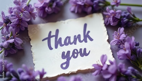 Close up of thank card with lavender flowers. Purple lavandula blooms around message card. Floral design composition shows gratitude concept. Lovely greeting with scent, aroma for banner postcard.