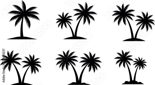 Tropical palm tree silhouettes set collection isolated on white background for beach, summer, nature, travel, logo, and design themes