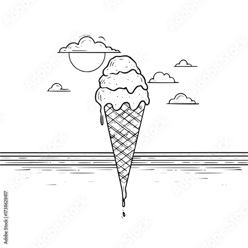 Ice cream cone dessert summer treat sweet food drawing illustration vector graphic black and white sketch art