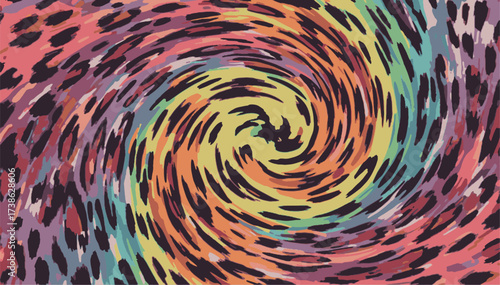 An exotically colored wild leopard design is a permanent, fashionable pattern. Vibrant spiral leopard print with dynamic swirling motion in rainbow tones. Abstract wallpapers, and creative digital art