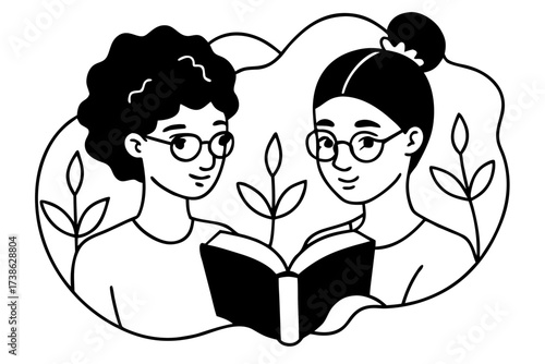 two woman reading book