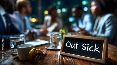Out sick sign on desk during office meeting with blurred colleagues in background, perfect for business blog, workplace article