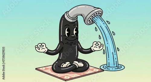 Cartoon character meditating with faucet pouring water on rug  