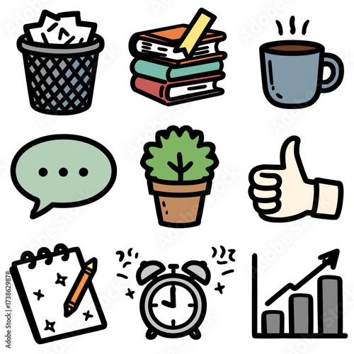 Icon set of office supplies and work-related items in colorful design  