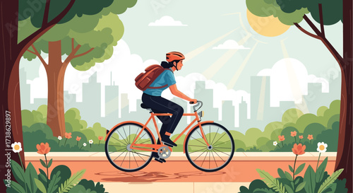 Woman riding bicycle through park with city skyline in background  