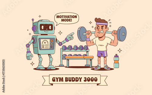 Cartoon robot encouraging man lifting weights in a gym setting  