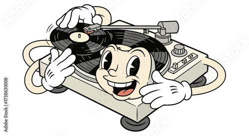 Cartoon character with smiling face playing vinyl record on turntable  
