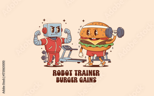 Cartoon robot trainer and burger lifting weights in gym setting  