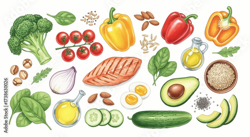 Fresh vegetables and salmon arranged on white background in flatlay style  