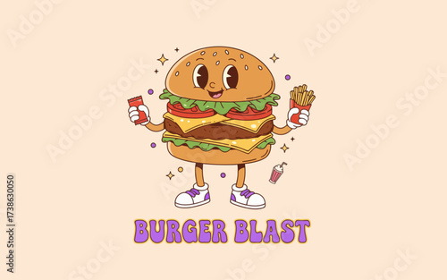 Adorable cartoon burger character holding ketchup and fries  