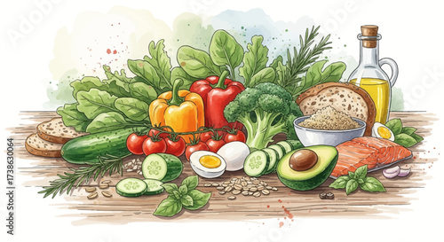 Fresh vegetables and ingredients on wooden table for healthy cooking  