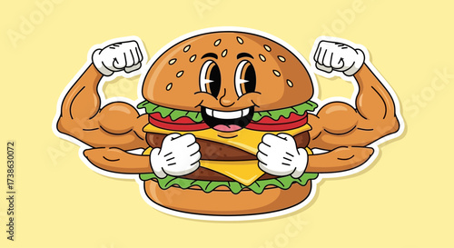 Cartoon burger flexing muscles with a cheerful expression on yellow  