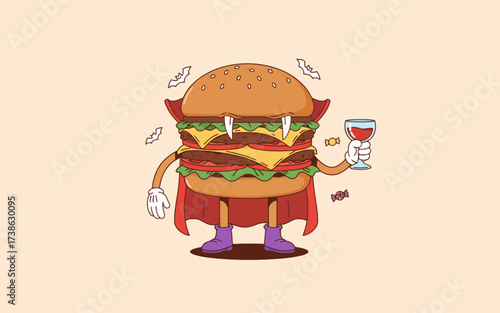 Cartoon hamburger character holding a drink in a superhero cape  