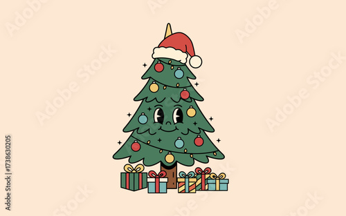 Cute cartoon Christmas tree with presents on light background  