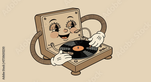 Happy cartoon turntable character playing vinyl record with joy  