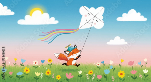 Fox flying a kite shaped like a smiling cloud in a flower field  