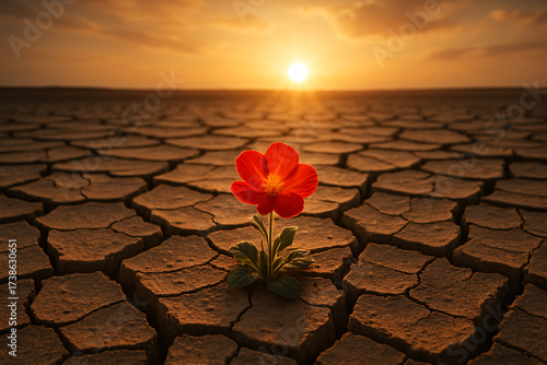 Resilient red flower blooming vibrantly in cracked desert landscape at sunset, a symbol of hope and growth amidst adversity, perfect for inspirational campaigns