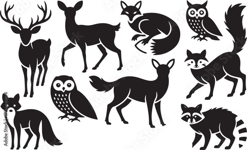 Forest Friends Deer, Fox, Owl, Raccoon - Silhouette Illustrations