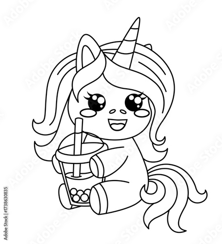 Cute kawaii unicorn with bubble tea. Black and white vector illustration for coloring book