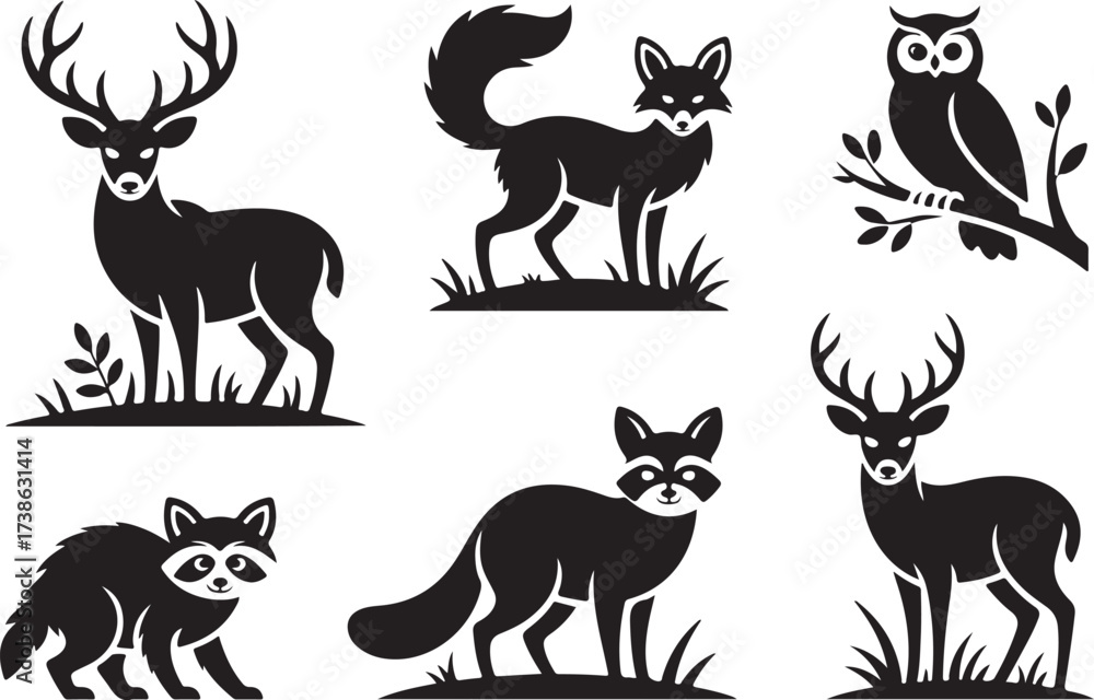 Obraz premium Forest Friends Deer, Fox, Owl, Raccoon - Silhouette Illustrations