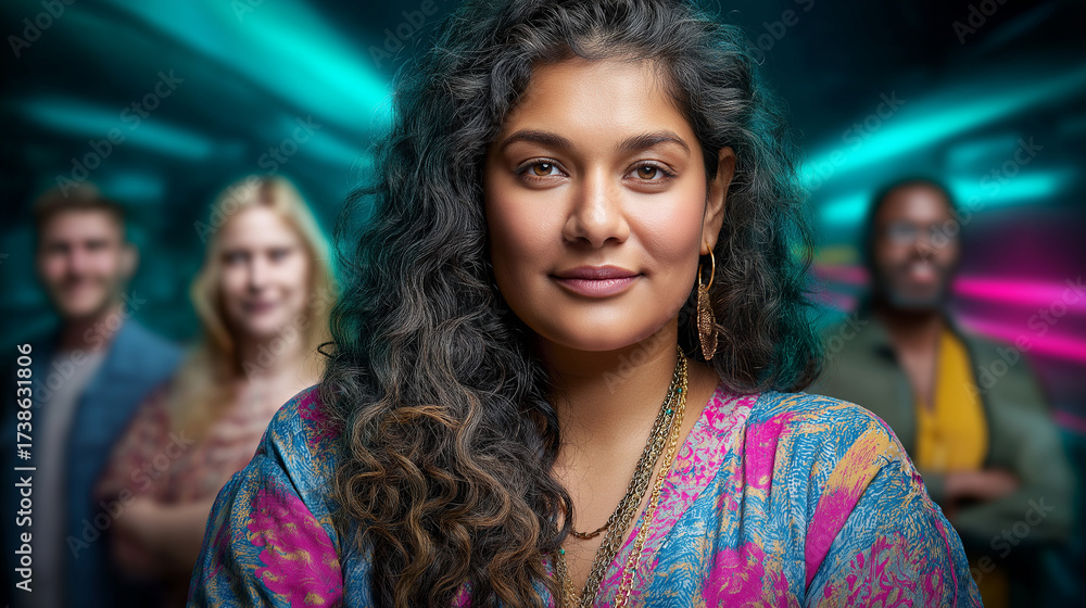 Fototapeta premium A focused young Indian female leader, plus-size, with her diverse team, facing the camera against vibrant teal and pink motion blur streaks, diversity, inclusivity, plus-size model