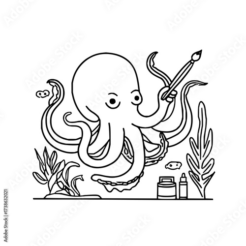 Octopus artist painting underwater scene with brush and paint coloring page illustration line art drawing
