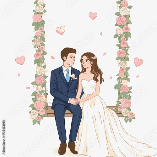 Wedding Couple Sitting on Floral Swing with Hearts Illustration